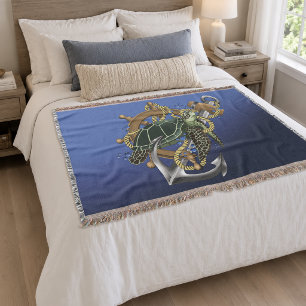 Nautical Sea Turtle Anchor Ship Wheel Blue Throw Blanket