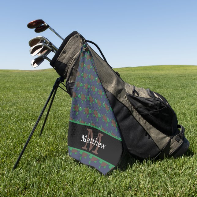Nautical Sea Turtle Pattern Initial Monogram Golf Towel (Green)