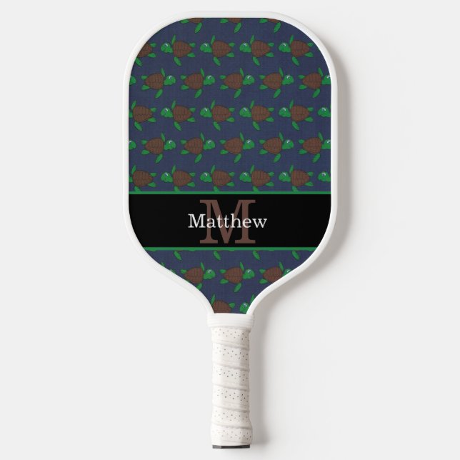Nautical Sea Turtle Pattern Initial Monogram Pickleball Paddle (Front)