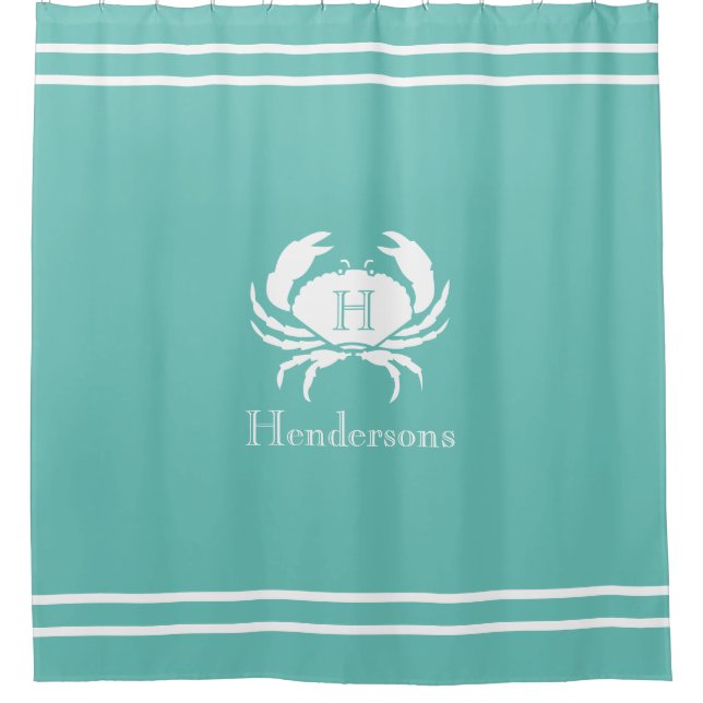 Nautical Seafoam Teal White Crab Monogram Name Shower Curtain (Front)