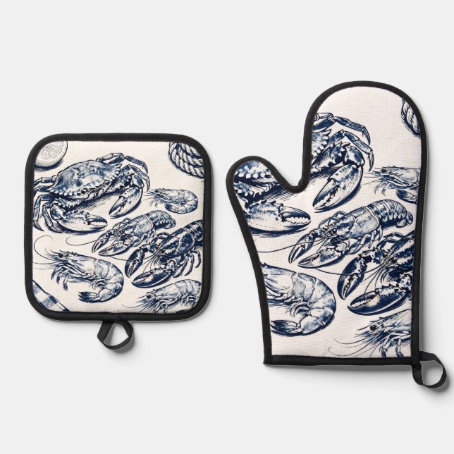 Nautical Seafood Lobster Crab Sketch Oven Mitt & Pot Holder Set (Front)