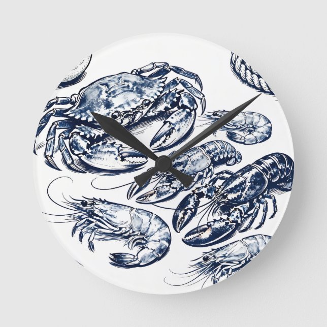 Nautical Seafood Lobster Crab Sketch Round Clock (Front)