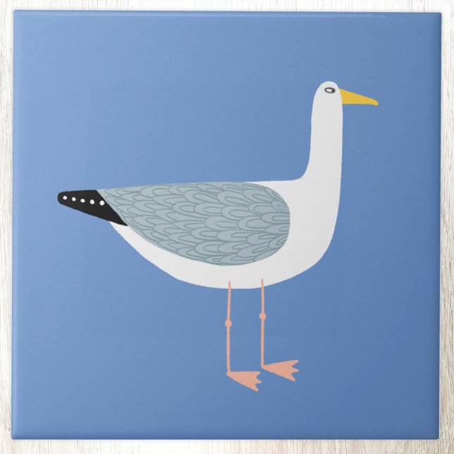 Nautical Seagull Bird Sky Blue Tile (Fun nautical seagull blue ceramic tile)