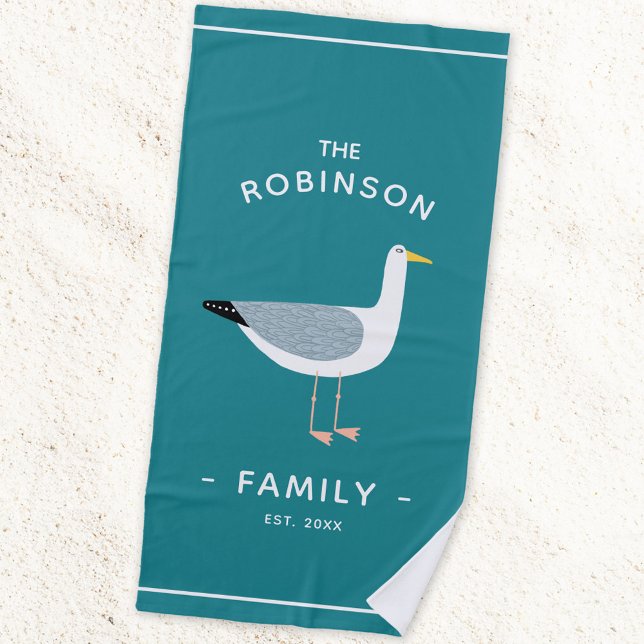 Nautical Seagull Family Name Beach Towel (Seagull coastal family est date fun beach towel)