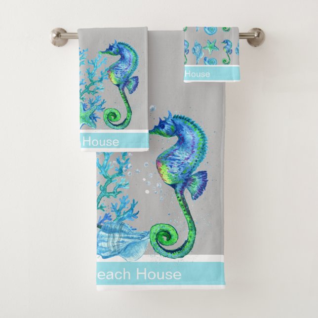 Nautical Seahorse Custom Teal Aqua Marine & Grey Bath Towel Set (Insitu)