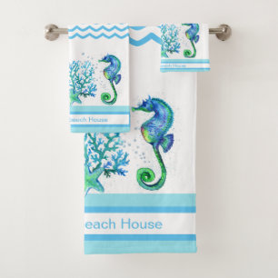 Nautical Seahorse Custom Teal Aqua & White Bath To Bath Towel Set