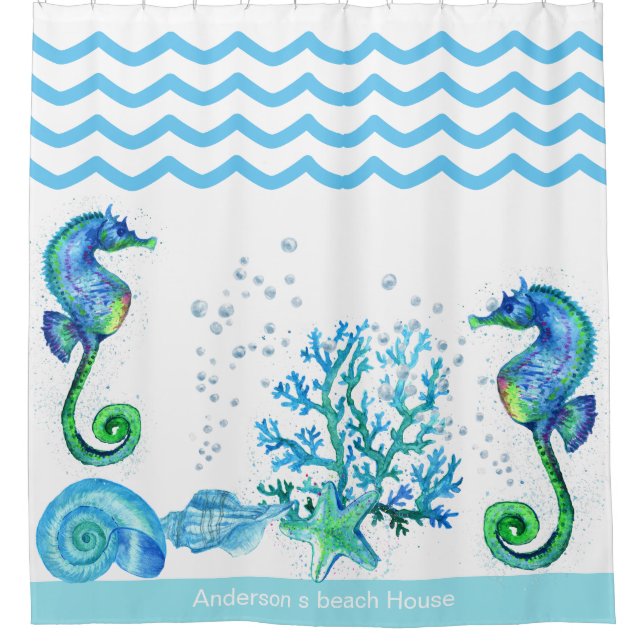 Nautical Seahorse Custom Teal Aqua & White Shower  Shower Curtain (Front)