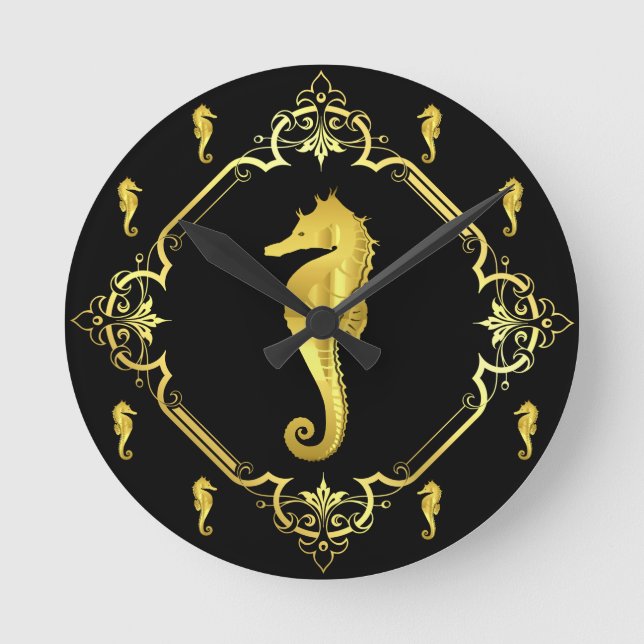 Nautical seahorse gold/black silhouette/black round clock (Front)