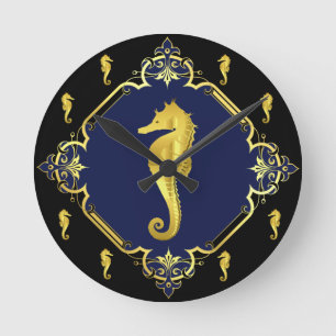 Nautical seahorse gold/black silhouette/navy round clock