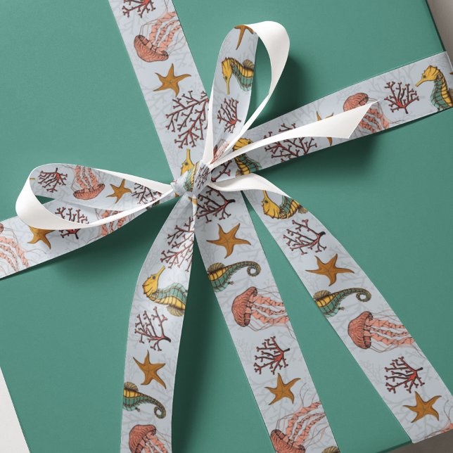 Nautical Seahorse Jellyfish Starfish Coral 1.5" Grosgrain Ribbon (Ocean Theme Hand-Drawn Colorful Illustrations in Black Ink. Seahorse, Jellyfish, Starfish & Coral.)