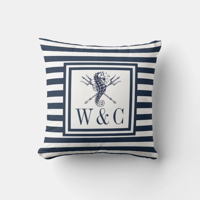 Nautical Seahorse Monogram Navy Blue Striped Cushion (Front)