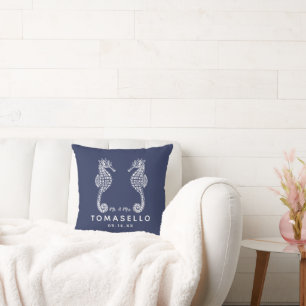 Nautical Seahorse Mr and Mrs Blue Stripe Cushion