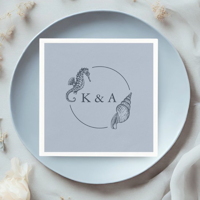 Nautical Seahorse & Sea Shell Wedding Monogram Napkin (Creator Uploaded)