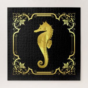 Nautical seahorse silhouette/gold/black/black jigsaw puzzle