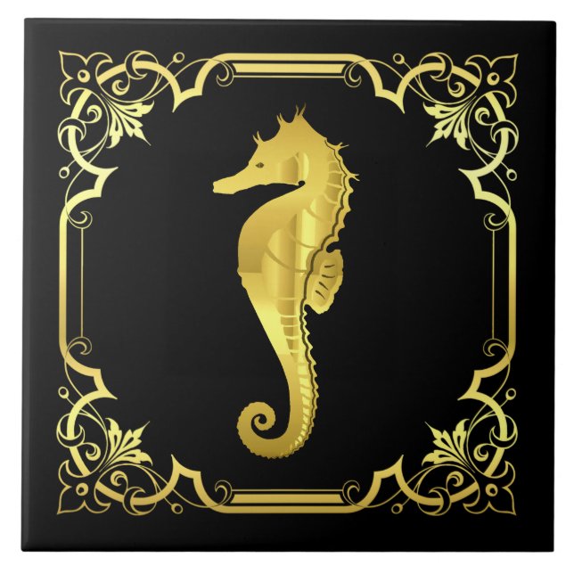 Nautical seahorse silhouette/gold/black tile (Front)