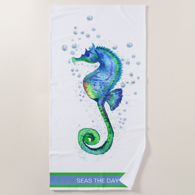 Nautical Seahorse Teal Aqua Blue Marine Custom  Beach Towel (Front)