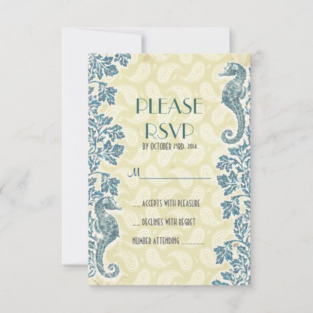 nautical seahorses beach wedding RSVP (Front)