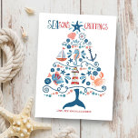 Nautical Seas and Greetings Beach Christmas Tree Holiday Card<br><div class="desc">Beach inspired Holiday greeting card features a pattern of tropical fish,  lighthouse,  whale tail,  seashell,  starfish,  crab,  sand dollar,  sailboat,  seahorse and captain's wheel in the shape of a Christmas tree with "SEAson's Greetings" in a cool nautical font. Original artwork KL Stock.</div>