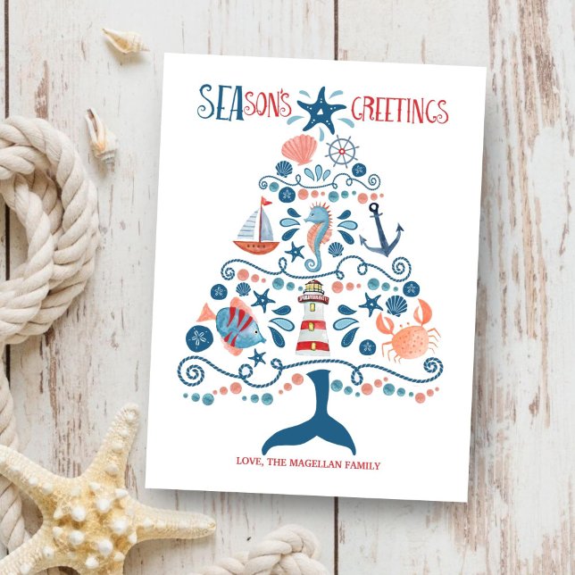 Nautical Seas and Greetings Beach Christmas Tree Holiday Card (Creator Uploaded)