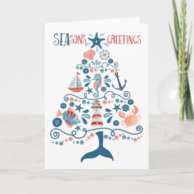 Nautical Seas and Greetings Beach Christmas Tree Holiday Card (Front)