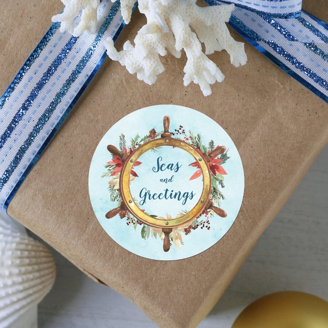 Nautical Seas And Greetings Ship Wheel Holiday Classic Round Sticker (Creator Uploaded)