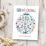 Nautical Seas & Greetings Beach Christmas Ornament Holiday Card<br><div class="desc">Beach inspired Holiday greeting card features a pattern of tropical fish,  lighthouse,  whale tail,  seashell,  starfish,  crab,  sand dollar,  sailboat,  seahorse and captain's wheel in the shape of a Christmas ornament with "SEAson's Greetings" in a cool nautical font. Original artwork KL Stock.</div>