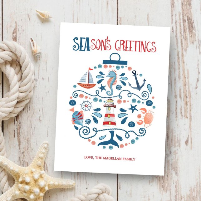 Nautical Seas & Greetings Beach Christmas Ornament Holiday Card (Creator Uploaded)