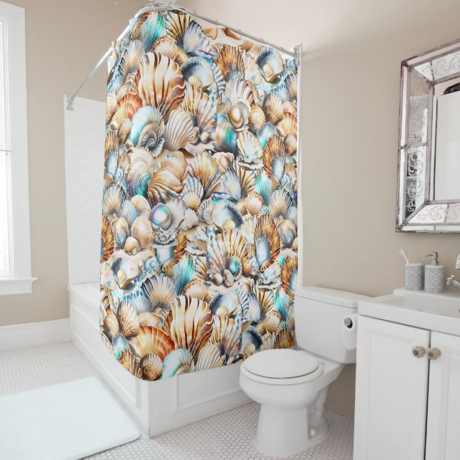 Nautical seashell beach ocean sea collage shells shower curtain (In Situ)