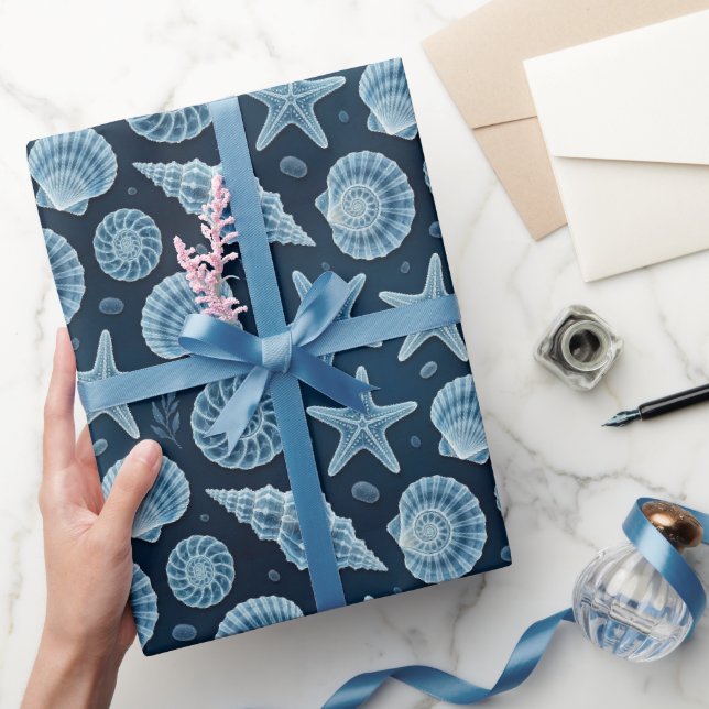 Nautical Seashell Starfish Blue and White  Wrapping Paper (Gifting)