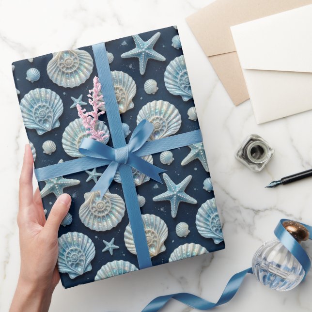 Nautical Seashell Starfish Blue and White  Wrapping Paper (Gifting)