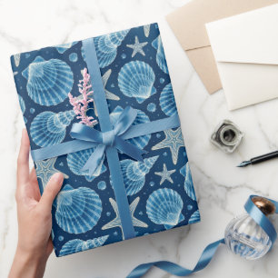 Nautical Seashell Starfish Blue and White Wrapping Paper