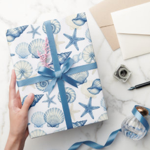 Nautical Seashell Starfish Blue and White Wrapping Paper