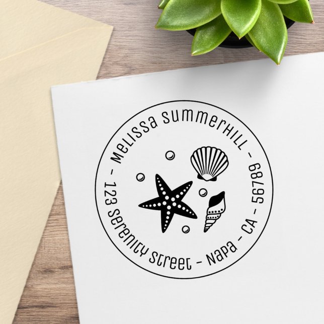 Nautical Seashell Starfish Pearls Round Address Rubber Stamp (Creator Uploaded)