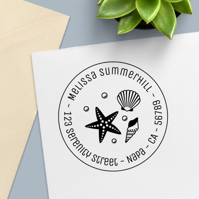 Nautical Seashell Starfish Pearls Round Address Self-inking Stamp (Creator Uploaded)