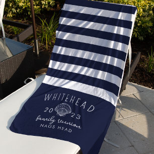 Nautical Seashell Stripe Navy Monogram Beach Towel
