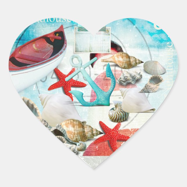 Nautical Seashells Anchor Starfish Beach Theme Heart Sticker (Front)