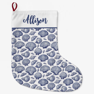 Nautical Seashells Blue White Large Christmas Stocking