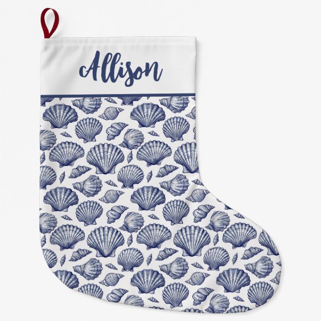 Nautical Seashells Blue White Large Christmas Stocking (Front)