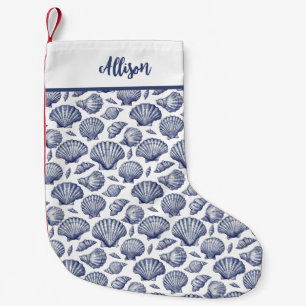 Nautical Seashells Christmas Stocking Blue White