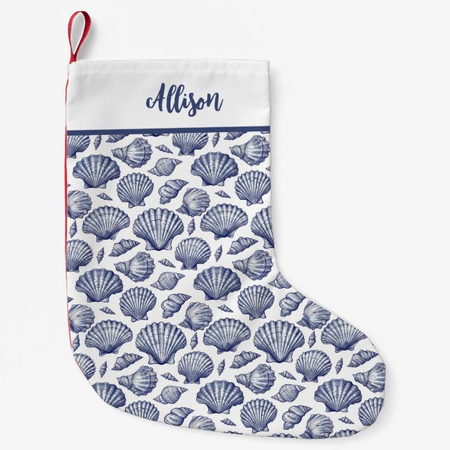 Nautical Seashells Christmas Stocking Blue White (Front)