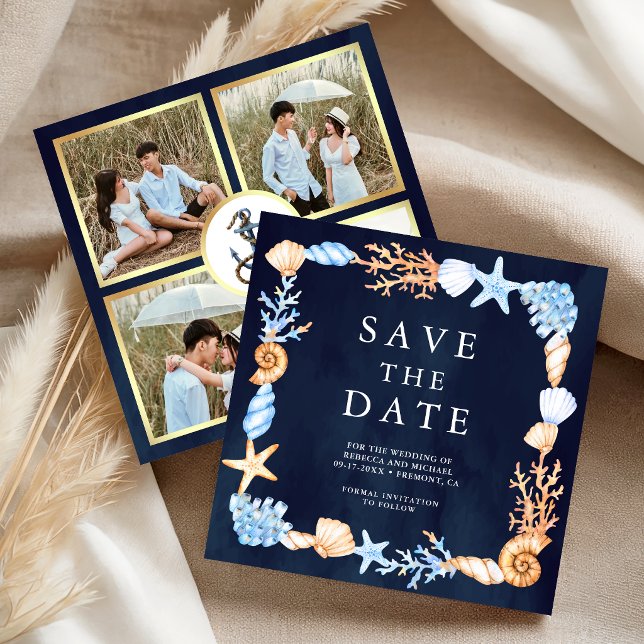 Nautical Seashells Navy Blue Photo Collage Wedding Save The Date (Creator Uploaded)