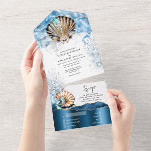 Nautical seashells ocean waves blue white gold all in one invitation