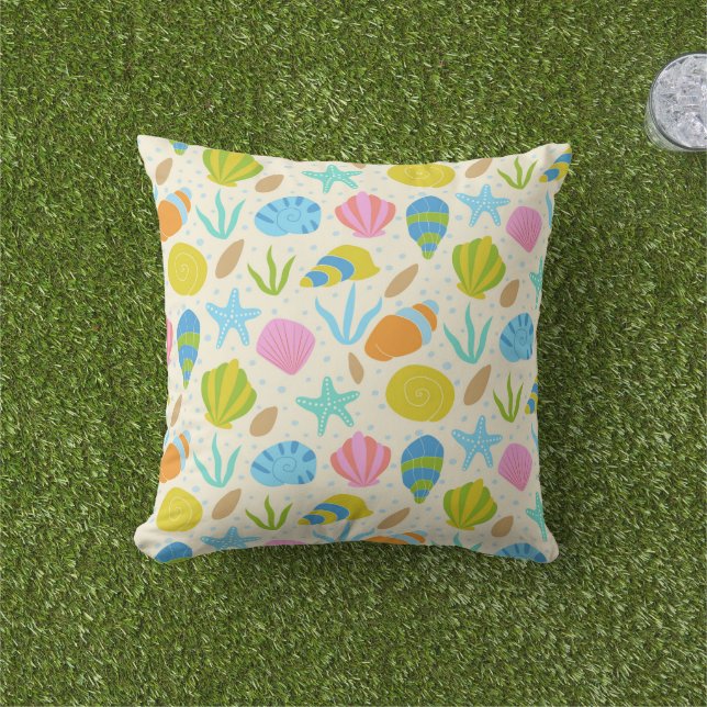 Nautical Seashells, Oysters and Starfish Pattern  Cushion (Grass)