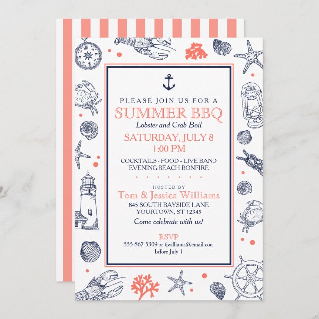 Nautical Seaside Beach Navy Blue/Coral Invitation (Front/Back)