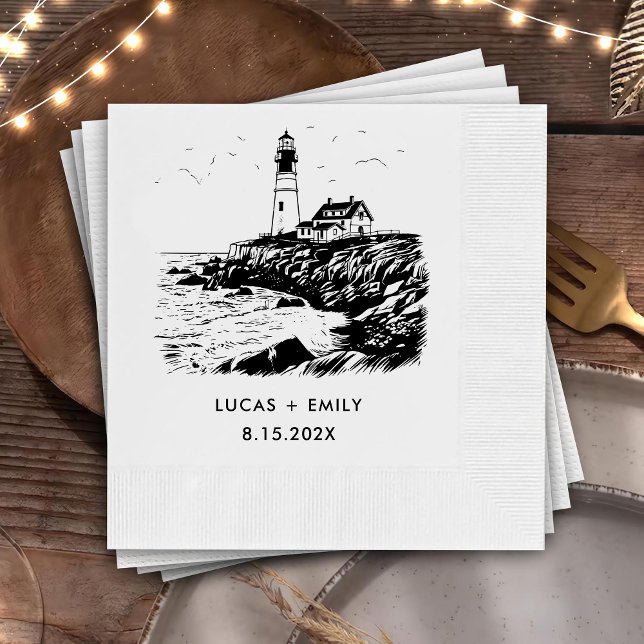 Nautical Seaside Lighthouse Dark Black Wedding Napkin (Creator Uploaded)