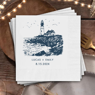 Nautical Seaside Lighthouse Dark Blue Wedding Napkin