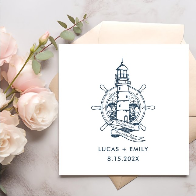 Nautical Seaside Lighthouse Dark Blue Wedding Napkin (Creator Uploaded)