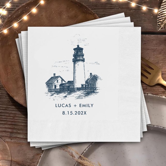 Nautical Seaside Lighthouse Dark Blue Wedding Napkin (Creator Uploaded)