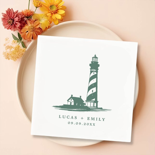 Nautical Seaside Lighthouse Dark Blue Wedding Napkin (Creator Uploaded)