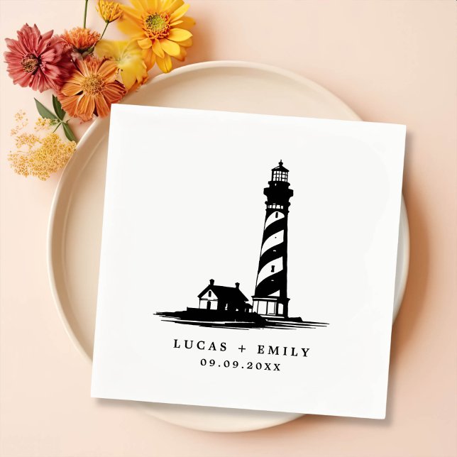 Nautical Seaside Lighthouse Dark Blue Wedding Napkin (Creator Uploaded)